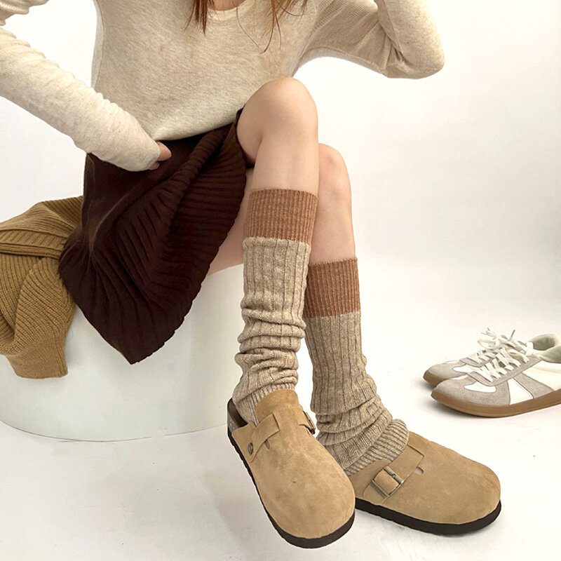 Calcetines apilados de terciopelo de oveja de punto para mujer, cubiertas de pierna de retazos contrastantes, calcetines de tubo medio cálidos, Color sólido