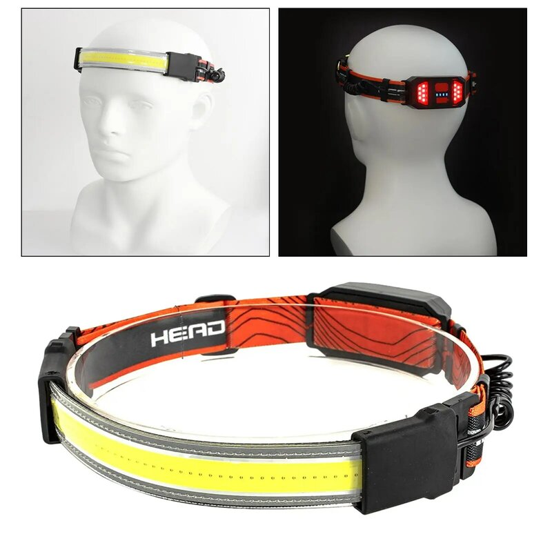 USB COB + LED Elastic Head Band, Farol, Tocha, Lanterna Bar, 3 Modos