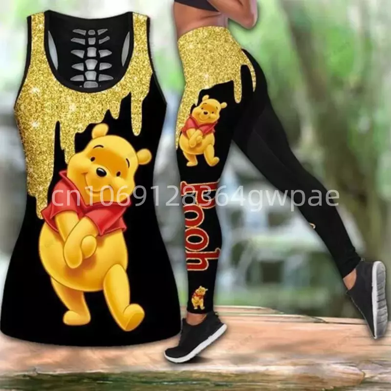 Winnie the Pooh-Conjunto de camisola de alças e leggings feminino, traje de treino Disney, ioga Hollow Fitness, verão