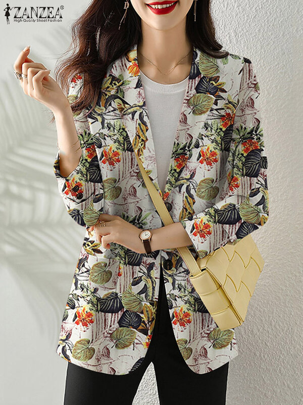 ZANZEA-Blazer retrô impresso para mulheres, casacos casuais, manga longa, casacos florais, botão único, jaquetas de lapela, grandes, femininas, outono