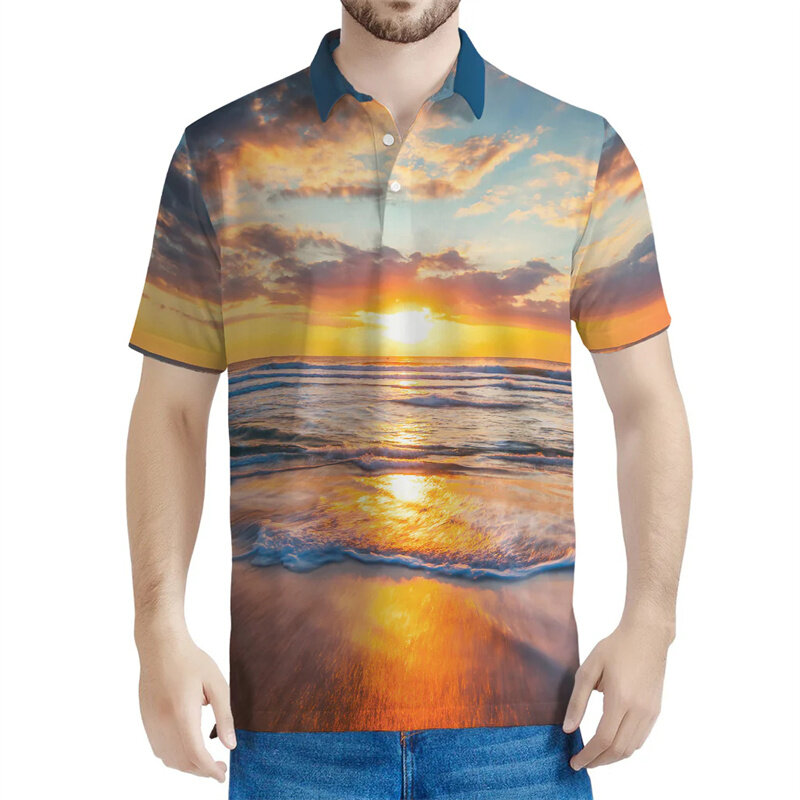 Sunrise Sky kaus Polo grafis untuk pria, baju Polo kancing jalanan kasual lengan pendek cetak 3D musim panas