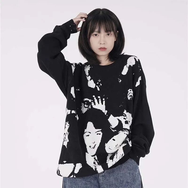 Character Jacquard Sweater Men Autumn Winter Hip Hop Ripped Knitted Pullover Gothic Retro Oversize Knitwear Couples Streetwear