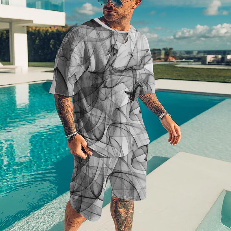 Kaus Kebesaran Pakaian Aktif Pria Musim Panas Set Gaya Pantai Cetak 3D 2 Potong Celana Pendek Tren Kaus Pakaian Vintage Atasan Kasual