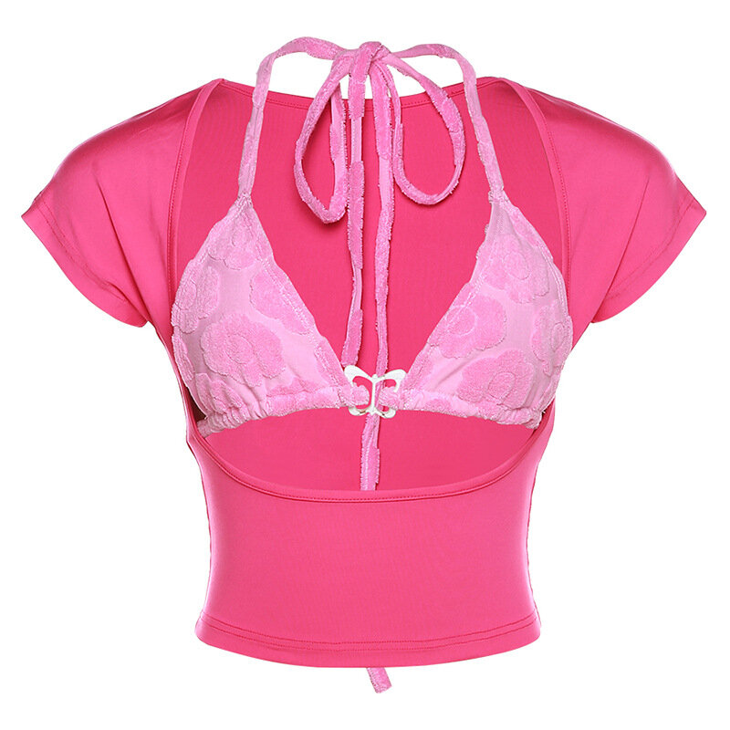 핑크 여성 상의 + 티셔츠, 여름 파티, 해변 휴가, 섹시한 캐주얼, 데일리 핫걸 스트리트웨어 로브, 2 피스