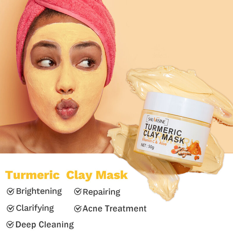 Professional Turmeric Mud Clay Face Mask Whitening Vitamin C Acne Treatment Dark Spots Remover Deep Cleaning Brightening Cream