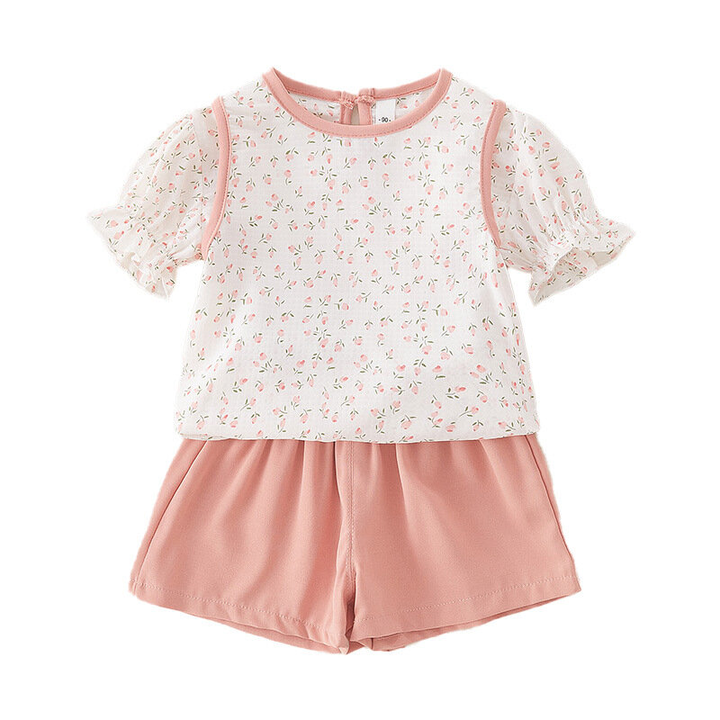 Baby Girls Summer 2PCS Clothes Set Puff Short Sleeve Floral Fake Two Pieces Tops Solid Color Shorts Suit Newborn Girls Outfits