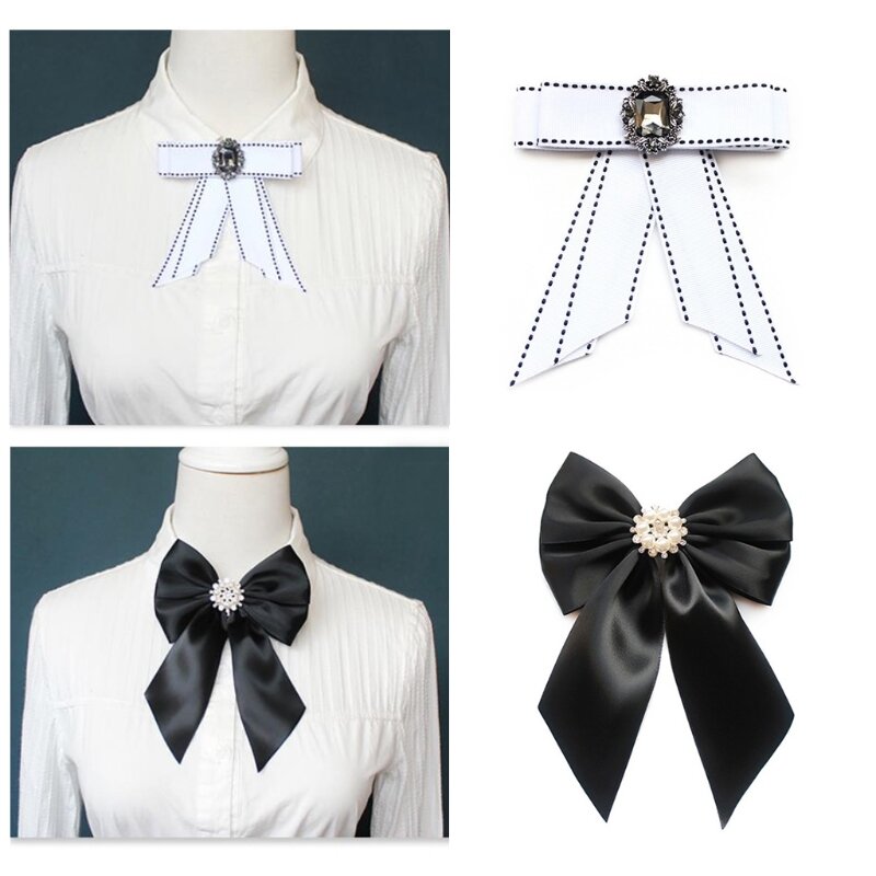Kobiety stylu Vintage elegancki, wstępnie wiązany krawat broszka sztuczna perła biżuteria wstążka muszka stanik na kołnierzyk