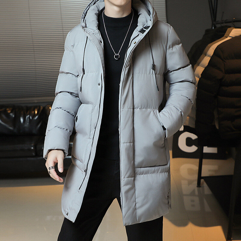 Мужская куртка средней длины на хлопковом наполнителе, черная ветрозащитная Повседневная куртка с капюшоном, Корейская версия, зима 2023