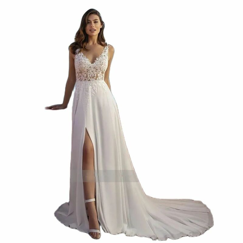 Sexy High Slit Beach V-Neck Wedding Dress 2024 Lace Sleeveless Chiffon Party Dress Button Back A-Line Long Vestido De Novia