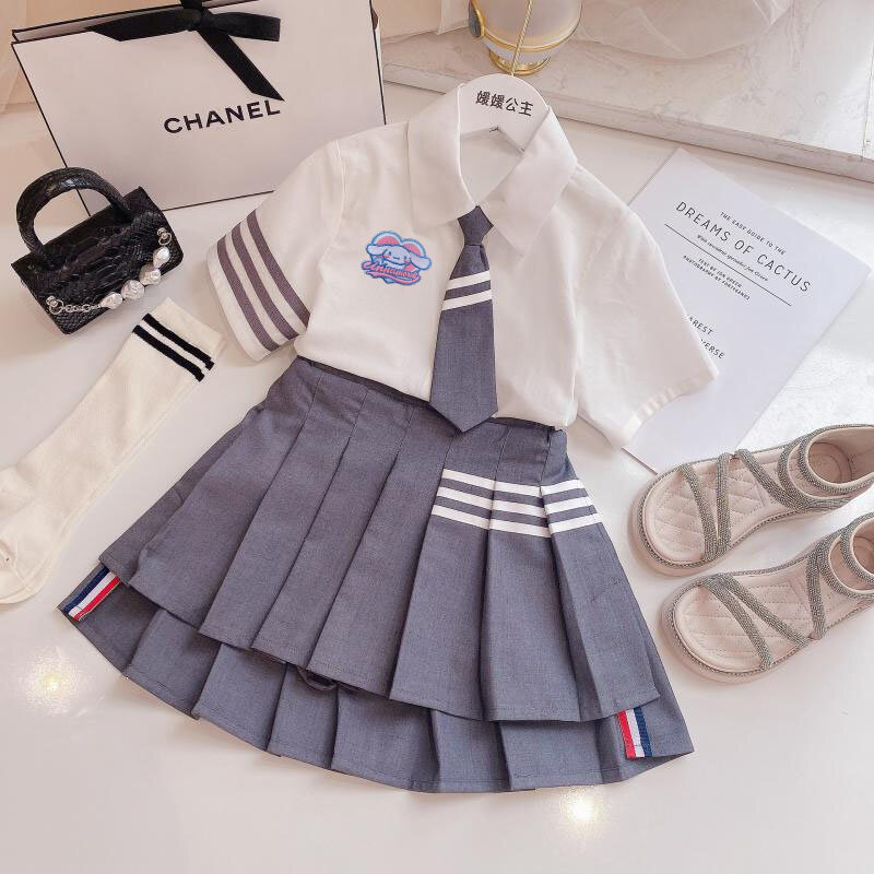 Sanrios Kuromi Kids Preppy Outfit Zomer Kawaii Cinnamoroll Meisje Mode Shirt Met Korte Mouwen Jk Geplooide Rok Koreaanse Kinderkleding