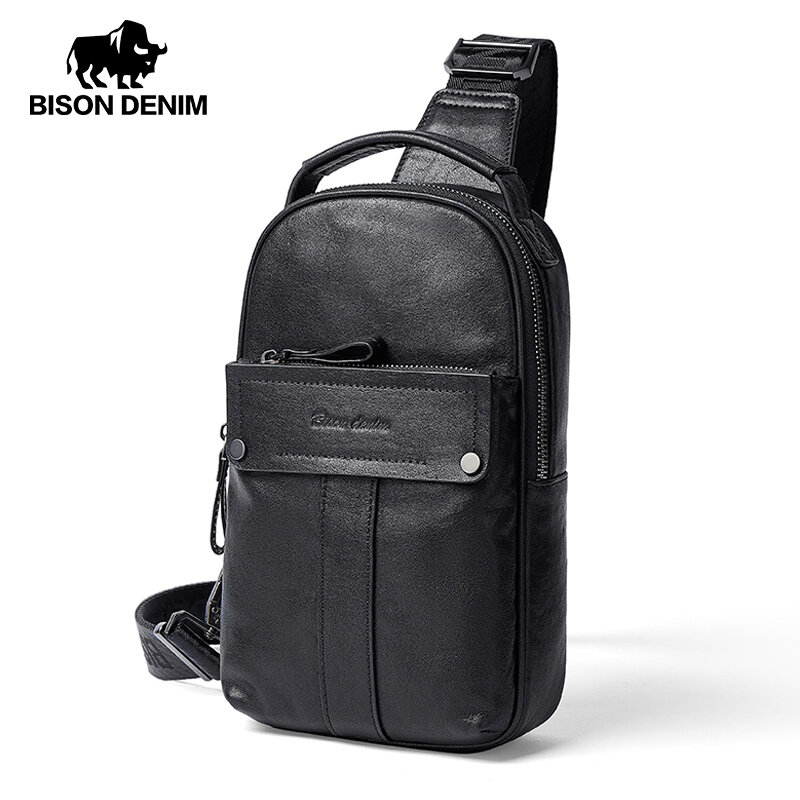 BISON DENIM New Designer Cowhide Leather Chest Bag Vintage Fashion Crossbody Men's Business Bag Travel Casual Shoulder Bag