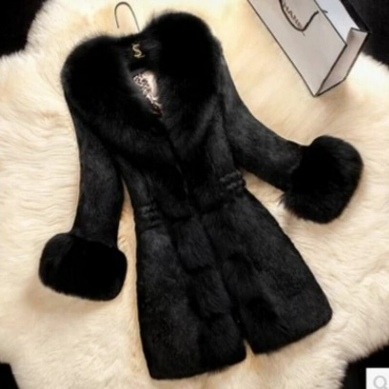 Шуба из искусственного меха для женщин, модное высококачественное пальто из искусственного кроличьего меха, новинка 2023, Женское пальто средней длины, новое пальто с большим меховым воротником