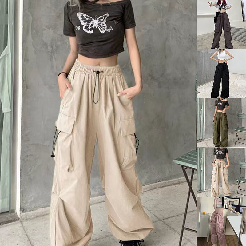 Tasche Vintage da donna pantaloni Cargo a vita alta Streetwear pantaloni larghi a gamba larga Y2k Design con coulisse verde militare