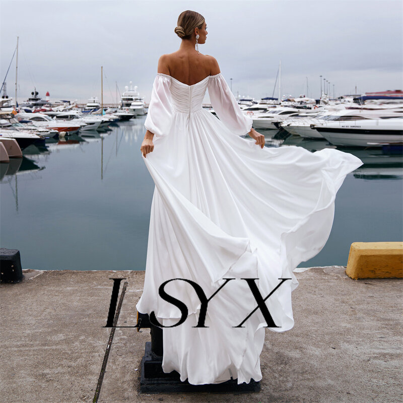 LSYX vestido de novia de gasa plisado con hombros descubiertos, mangas abullonadas largas bohemias, cremallera en la espalda, línea A, escote Corazón, tren de corte, vestido de novia
