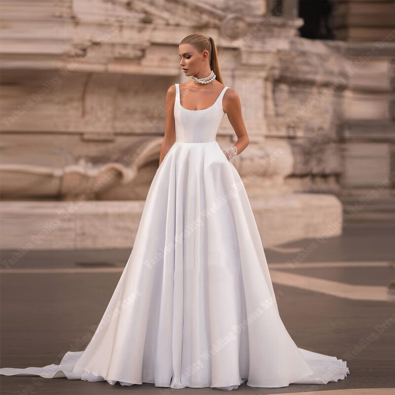 Gaun pengantin wanita murah hati cantik gaun romantis permukaan Satin tanpa lengan rompi pengantin gading A-Line terbaru 2024