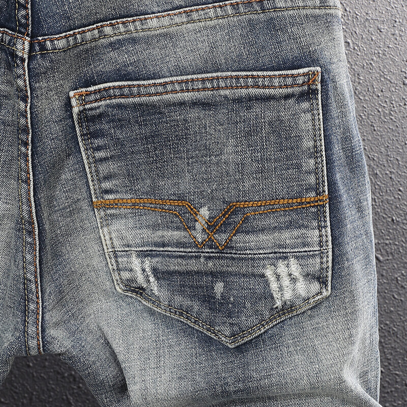 Modne męskie jeansy wysokiej jakości Retro sprane elastyczne rozciągliwe dopasowanie dopasowane porwane jeansy mężczyzn haft Vintage spodnie dżinsowe