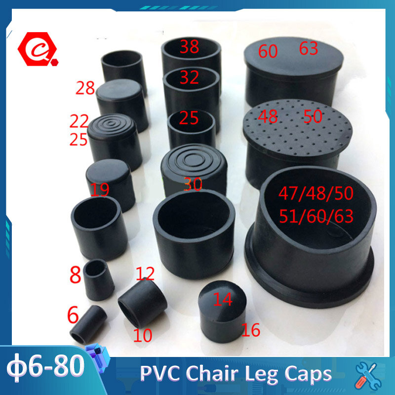 Tapas de goma de PVC para tubo de mesa, Tapas Redondas o cuadradas de 8 piezas, diámetro interior de 6mm ~ 80mm, color negro