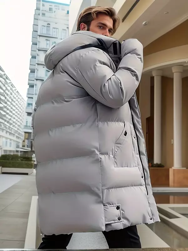2024 Warm Hooded Mid-length Jacket Mens Casual Zip Up Cotton Padded Jacket Overcoat Autumn Winter Windbreaker Coats Men Clothing