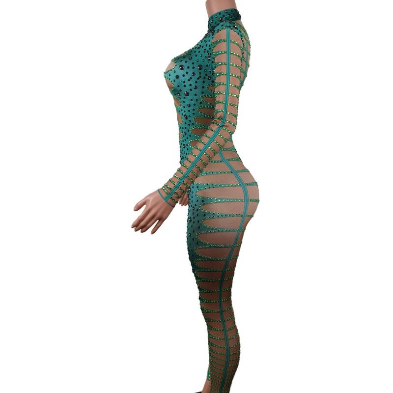 Groen Gras Strass Jumpsuit Woman Night Club Party Stretch Podiumkleding Vieren Bodysuit Performance Kostuum Lvyecao