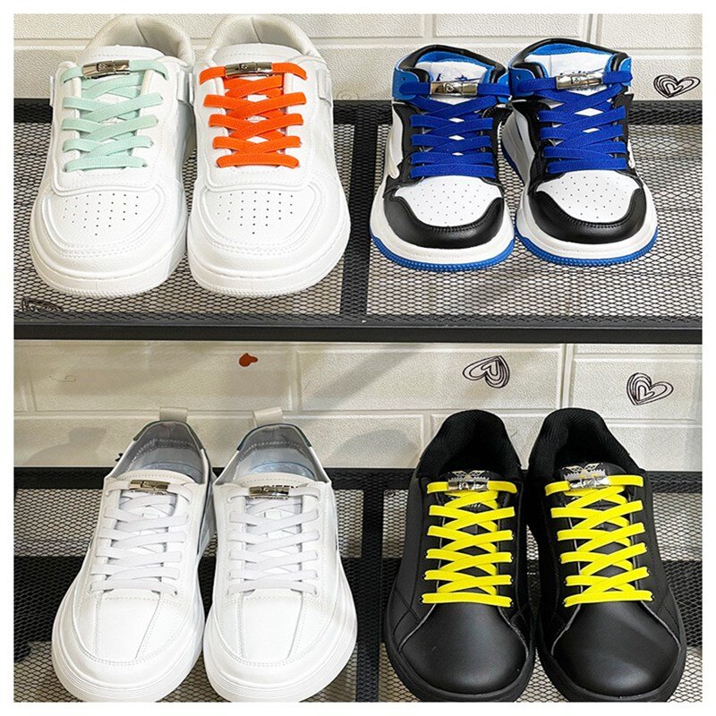 Tali sepatu kunci tekan tanpa tali elastis, Sneaker 8MM lebar datar tanpa tali sepatu untuk anak dewasa