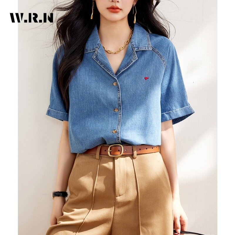 Camisa jeans vintage casual com gola virada para baixo feminina, Harajuku Moda, rua, peito único, blusa azul Y2K solta, verão, 2024