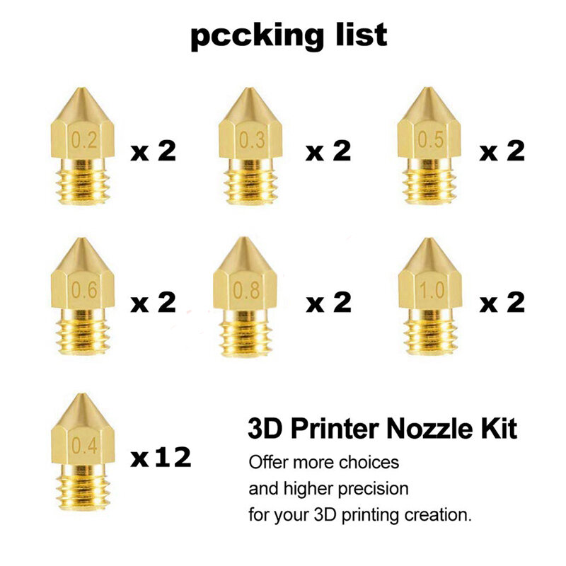 24pcs MK8 Nozzle 0.2/0.4/0.5/0.6/0.8/1.0mm 3D Printer Part Extruder M6 Thread Brass Nozzle 1.75mm for Creality Ender 3/3 Pro/3