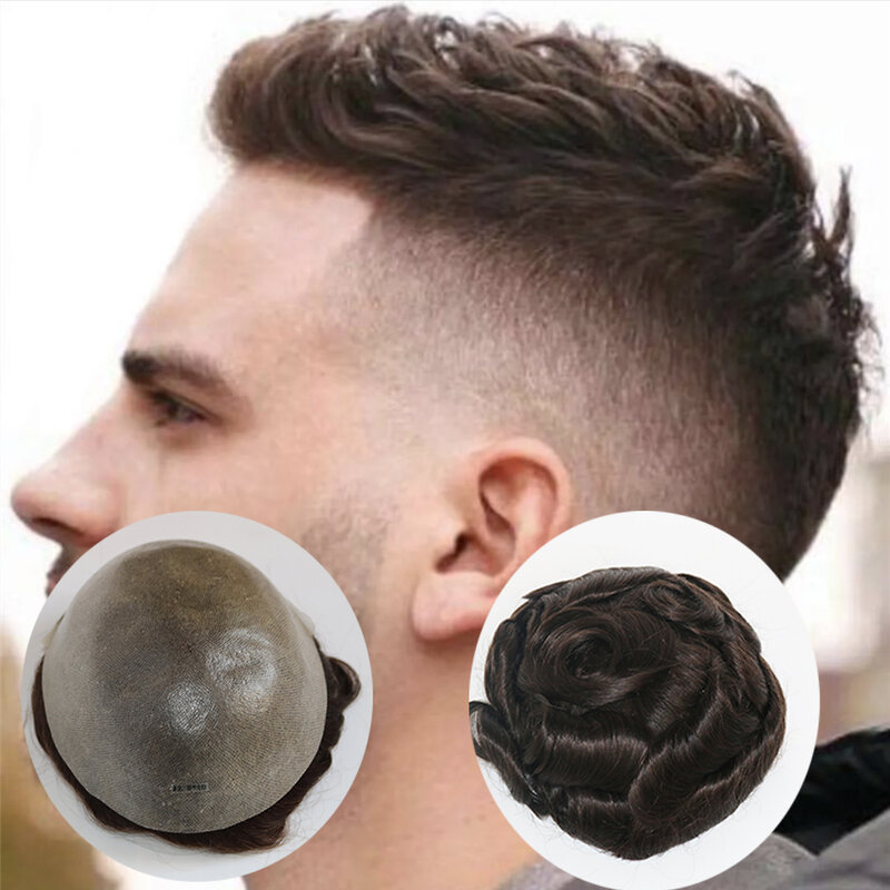 Perruques de cheveux humains en micropeau indétectable pour hommes, base en PU bouclée, unité de prothèse de cheveux de remplacement, document brun