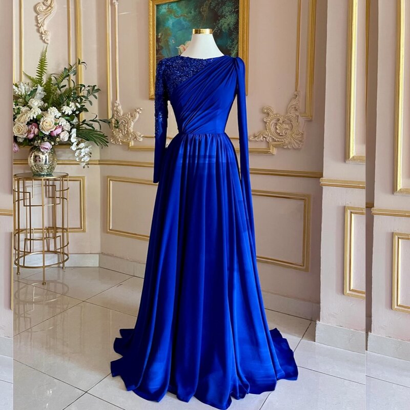 Jersey Sequined Flower Beading Ruched Evening A-line High Collar Bespoke Occasion Gown Long Dresses