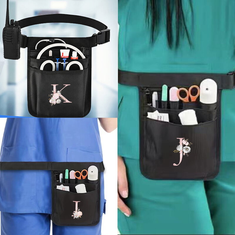 Bolsas de almacenamiento de suministros médicos para enfermera, bolsa médica Universal, organizador de cinturón, trabajo con múltiples bolsillos, Serie de patrón de flores rosas