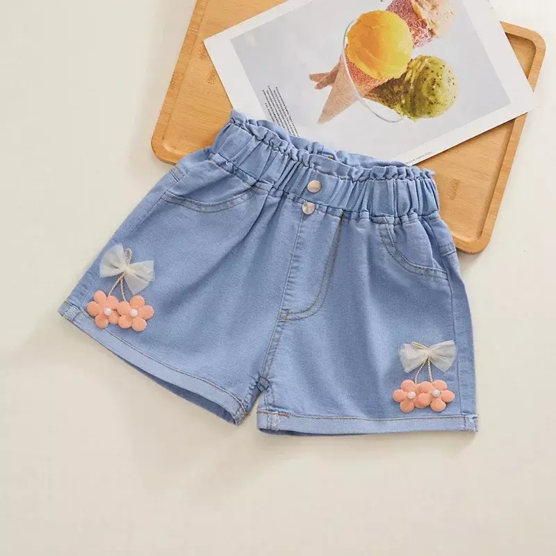 Pantalones cortos de vaquero con cintura elástica para niñas, bermuda femenina de princesa con estampado de flores a la moda para verano