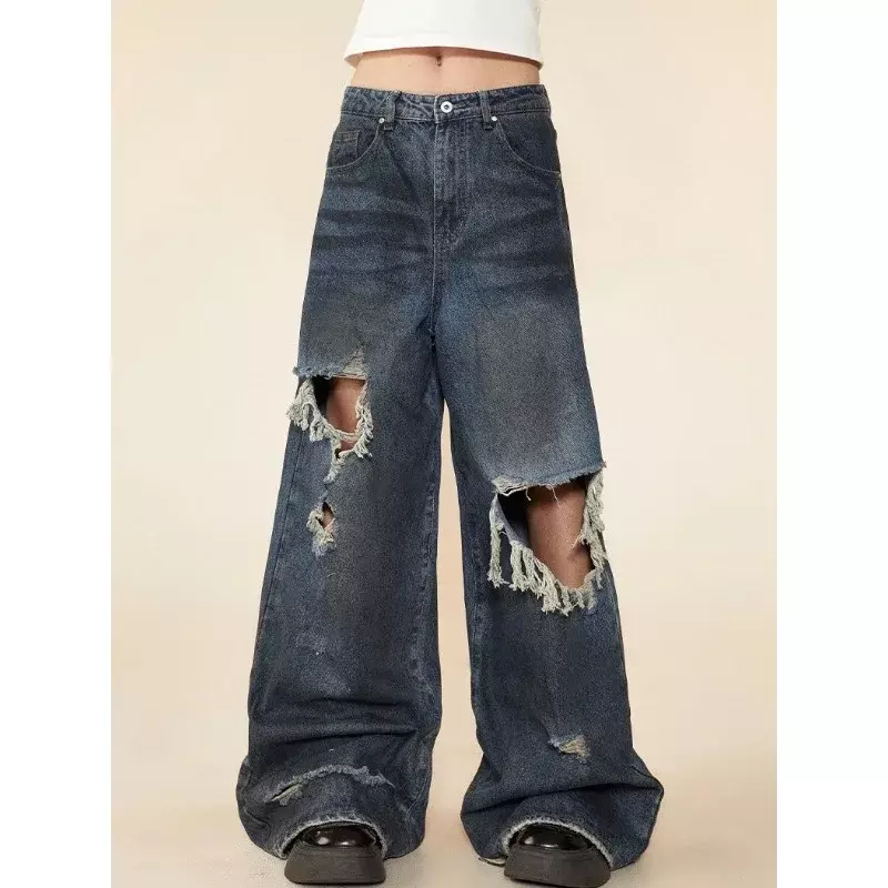 Deeptown Y 2K Oversized Gescheurde Jeans Streetwear Gothic Wijde Pijpen Coquette Denim Broek Grunge Vintage Hoge Taille Broek Amerika