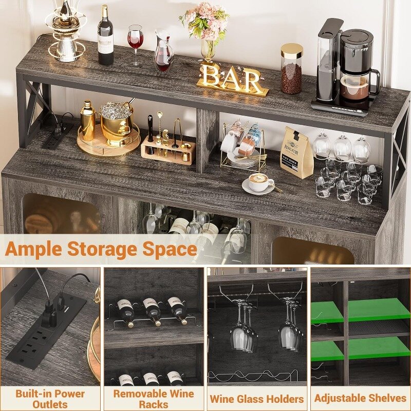 Bar Cabinet with Power Outlets, Liquor Cabinet with Led Lights and Glass Holder, Storage Buffet Cabinet Coffee Bar