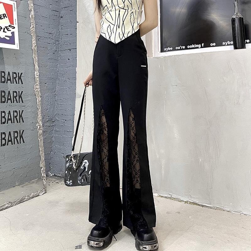 Deeptown-Calças largas femininas de renda, calças pretas vintage, streetwear reto, patchwork gótico, moda coreana, coquette Y2k