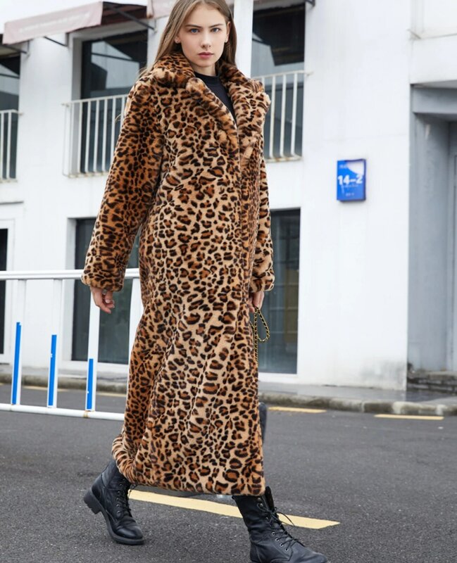 Abrigo de piel sintética con patrón de leopardo para mujer, traje largo de pelo de conejo, cuello, talla pius, 5XL