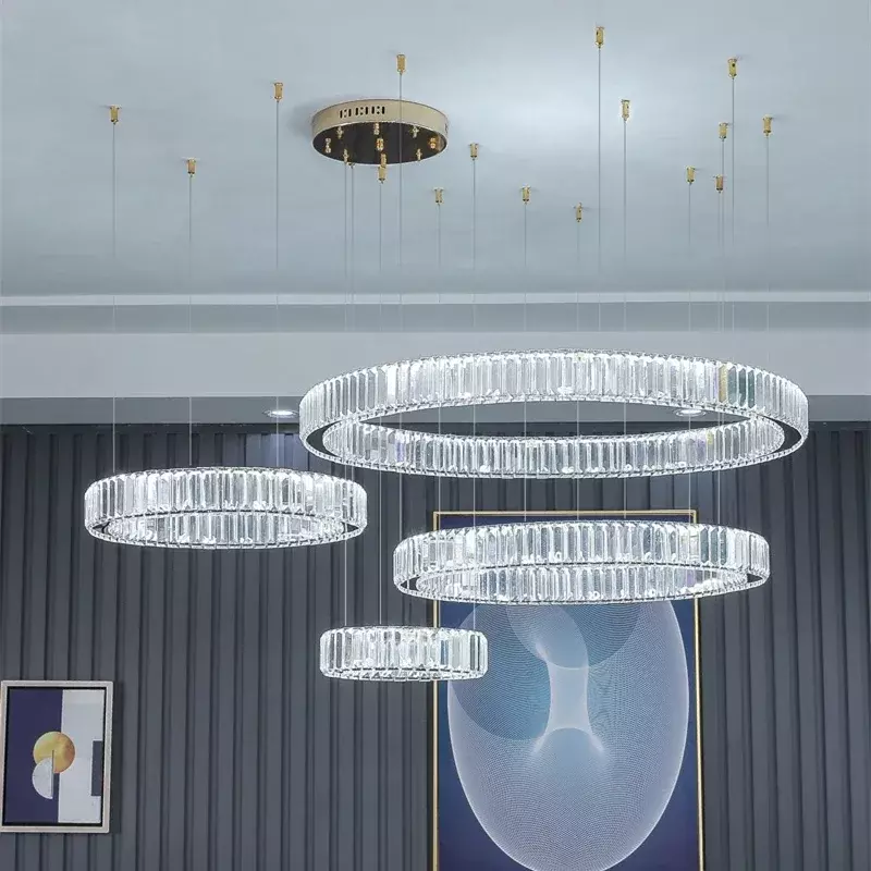 Luxo moderno LED Luzes Pingente, Dimmable Lustre, Sala Lustre, Luminárias, Foyer Aço Brilhante