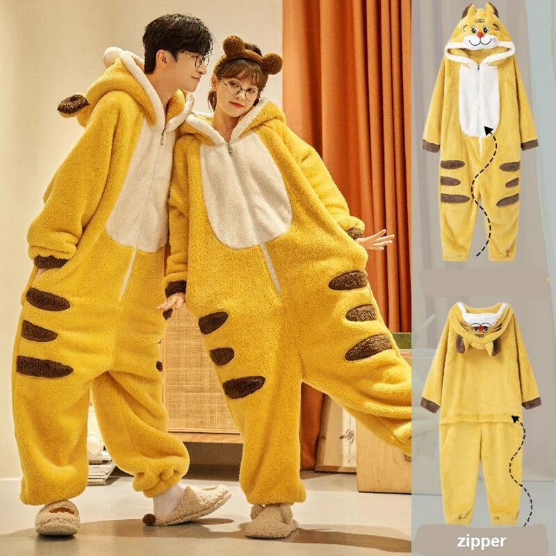 Cute Flannel Tiger Pajamas Winter Plus Velvet Warm Onesie Women's Sleepwear Unisex Loose Thick Plush Hooded Jumpsuits Homewear