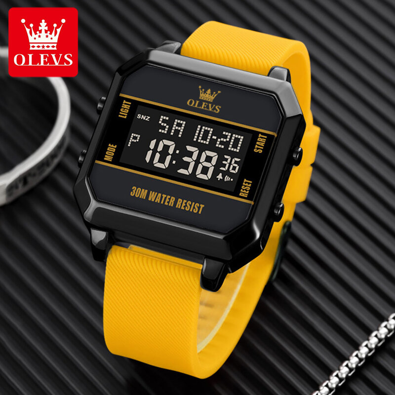 OLEVS jam tangan elektronik pria, arloji Digital tali silikon tahan air olahraga Alarm untuk lelaki 2024