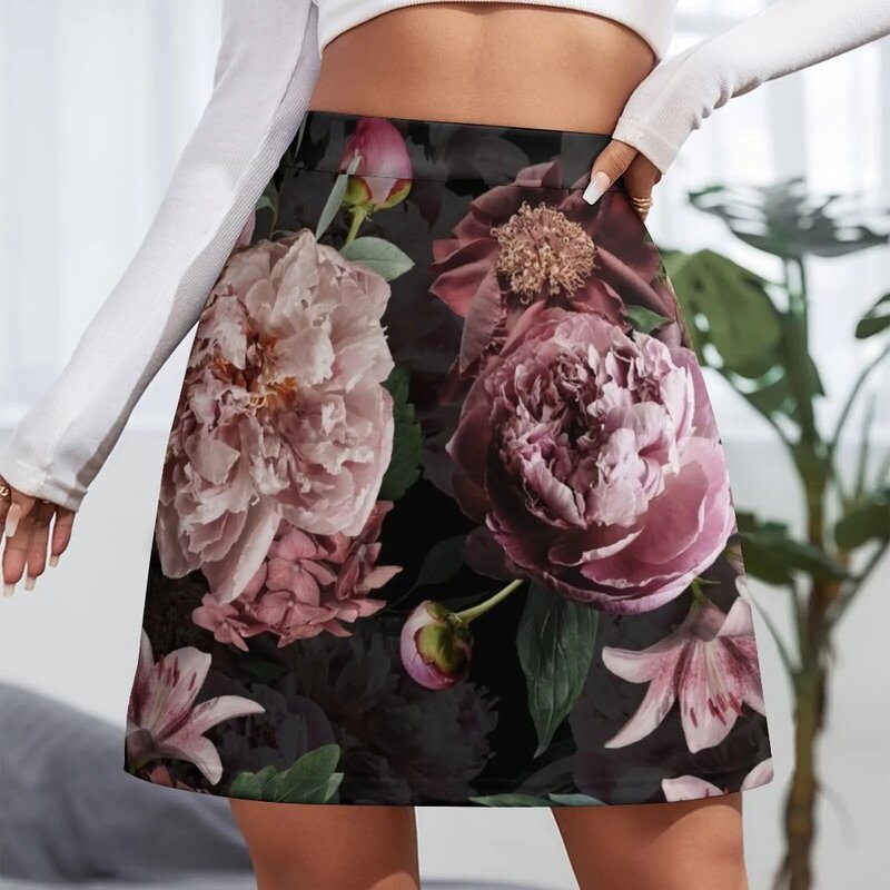 여성용 블러시 모란 블랙 리얼 플라워 패턴 미니 스커트, 카와이 여름 스커트, 한국 패션
