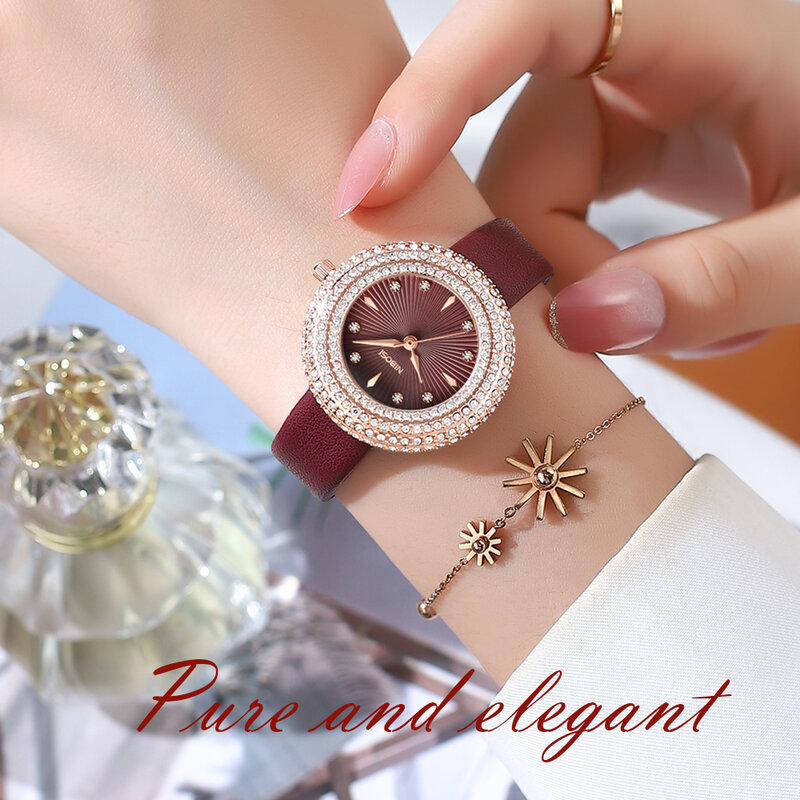 NIBOSI 여성용 가죽 스트랩 쿼츠 손목시계, 라인석 시계, 럭셔리 패션, 여성용 선물