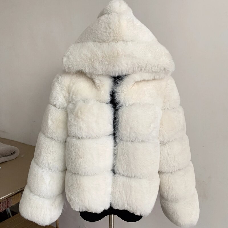 2022 따뜻한 가짜 여우 모피 후드 코트, 두꺼운 인조 모피 후드 재킷, 럭셔리 여성 겨울 코트, 고품질