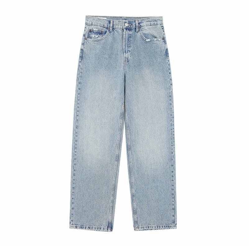 Women's New Fashion Broken hole decoration Loose Side Pocket Casual Jeans Vintage High Waist Zipper Women's Denim Pants Mujer