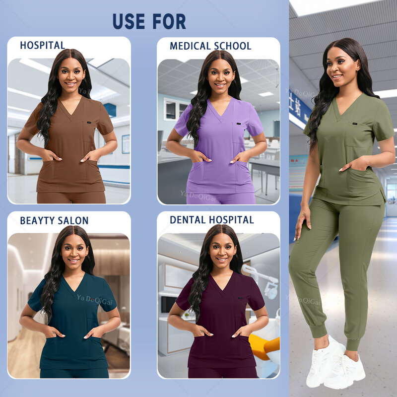 Stretch Scrubs Women Set Nursing Uniforms Clinical Scrubs Set Nurse Doctor Dustproof Workwear Medical Scrubs Top+ Jogger Pants