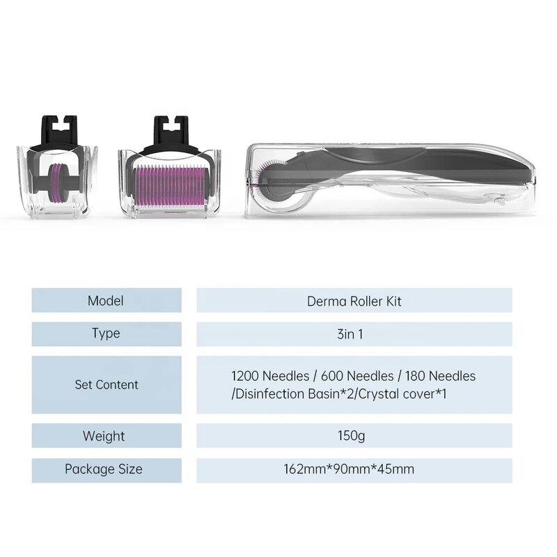 DRS-Derma Titanium Needles Roller Kit, 3 em 1, Micro Dermaroller Agulha para Cuidados com a Pele, 3 Cabeças de Substituição, 180, 600, 1200, MTS