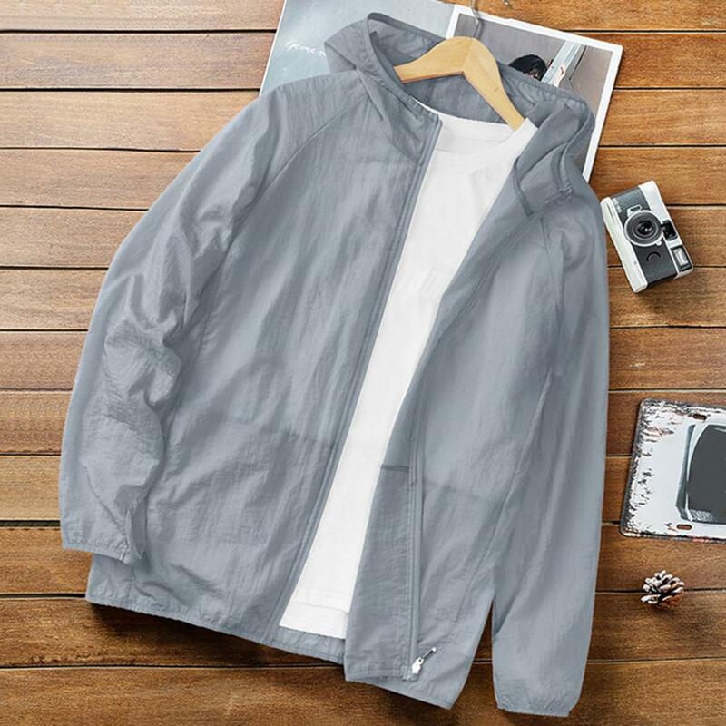 Mantel olahraga musim panas pria, pakaian kasual atasan bertudung nyaman jaket pantai pelindung matahari musim panas