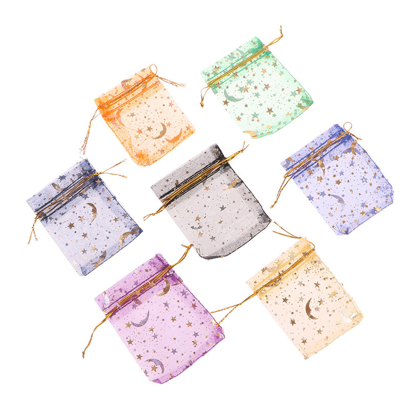 100pcs/lot Star Moon Organza Jewelry Bags Tulle Sheer Sachets Drawstring Gift Bag Wedding Party Favor Pouches Jewelry Organizer