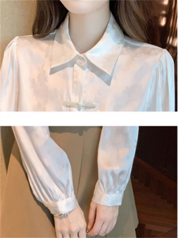 Национальная рубашка, Женские китайские блузки, белые топы для женщин, Ретро стиль, блестящий кардиган с карманами, женская Свободная рубашка