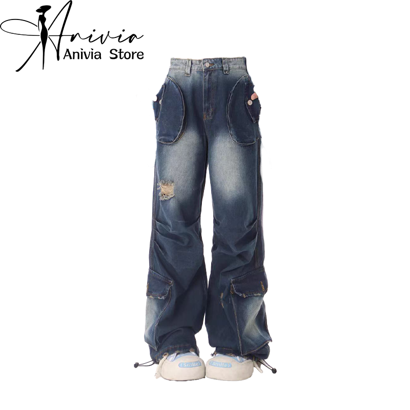 Jeans rasgado e baggy azul escuro para mulheres, calça de vaqueiro vintage Harajuku denim, roupa japonesa, estilo anos 2000, roupa punk Y2K trashy