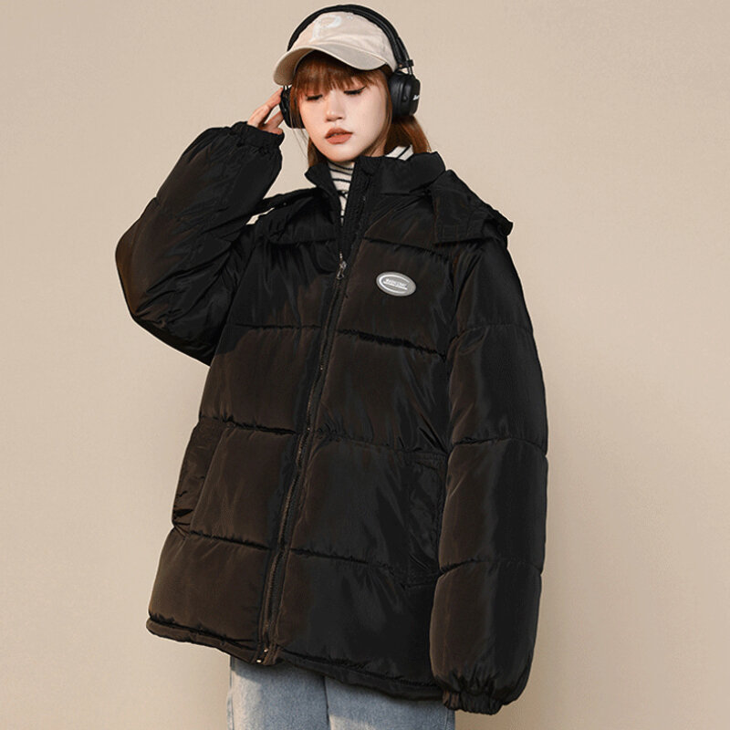 Hooded Parkas Women Korean Preppy Style Baggy Solid Leisure Winter Simple Streetwear Advanced Minimalist Hipster Slouchy Tender