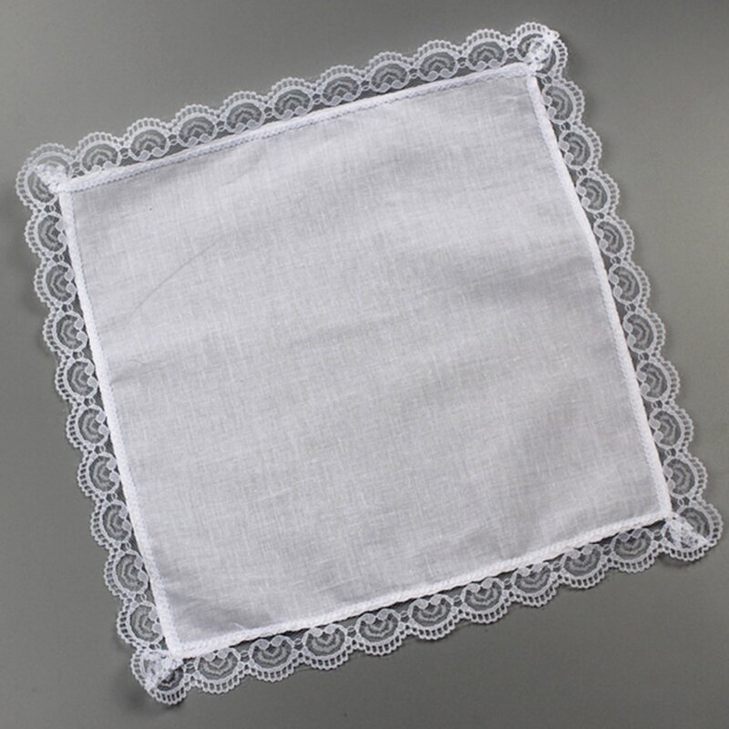 Mouchoir en coton blanc avec garniture en dentelle, mouchoir Portable pour femmes hommes, mouchoir en coton blanc, garniture