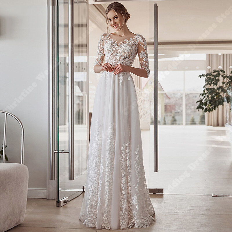 Elegancka koronka długie rękawy damskie suknie ślubne Sexy szyfonowe suknie ślubne z nadrukiem długość szat Vestidos De Novias 2024